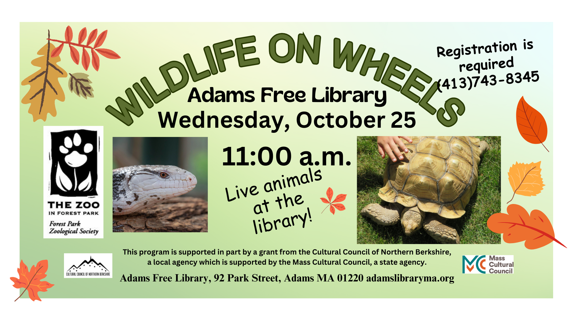 <b><p style="color:green">Registration Required: Wildlife on Wheels</p></b> @ Adams Free Library