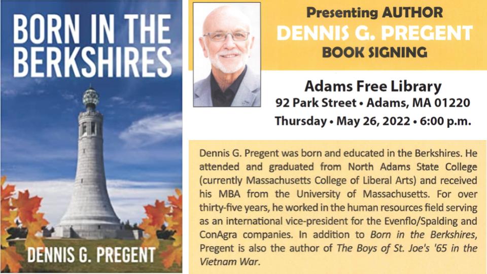 <b><p style="color:blue">Friends of the Adams Library present - <i>Author Dennis Pregent</i></b></p>