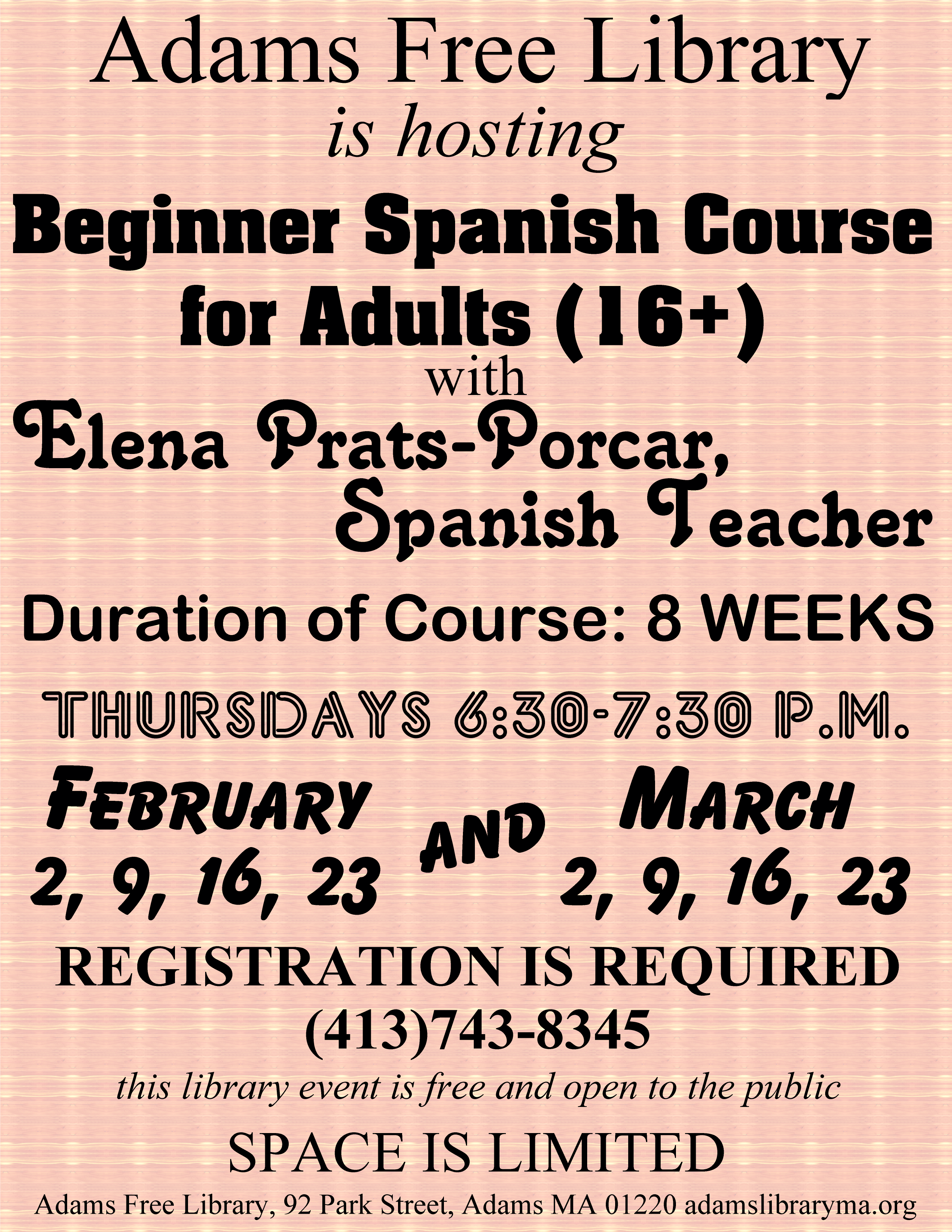 Registration Required for this event - Intro to Spanish @ Miller Annex Meeting Room