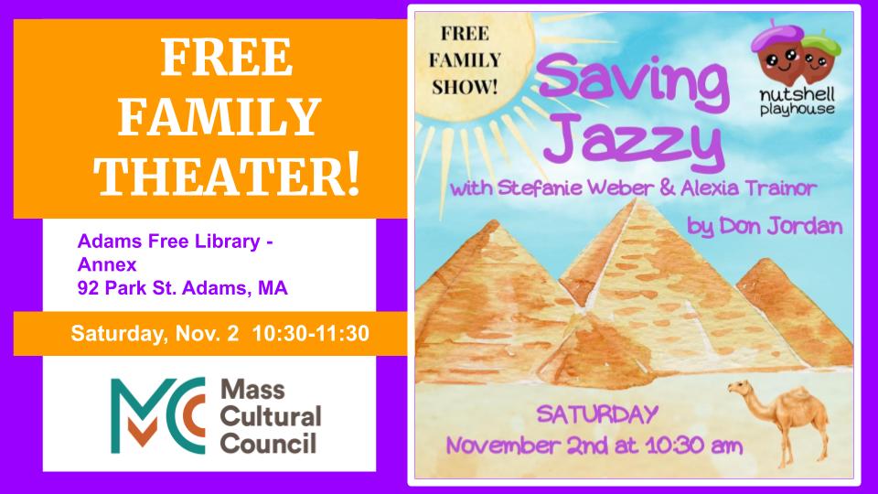 <b><p style="color:violet">Nutshell Playhouse presents a free family theatre production of SAVING JAZZY</b></p>